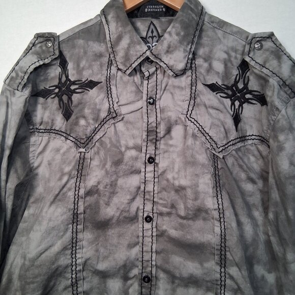 Roar Shirt Men XL Embroidered Distressed Long Sleeve Button Up Y2K Biker Rock - Picture 3 of 16